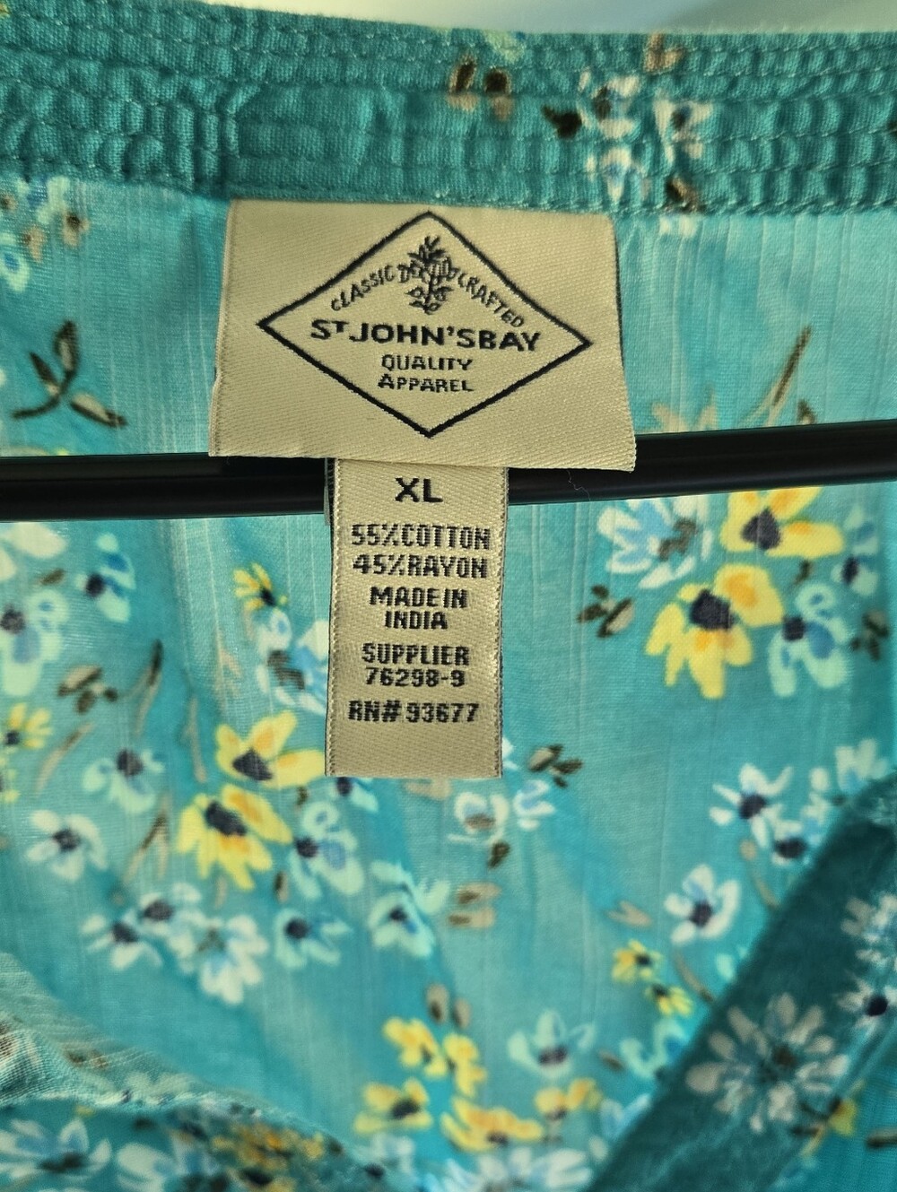 St. John's Bay Teal Floral V-Neck Long Sleeve Blouse - Picture 3 of 4